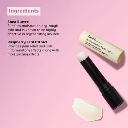 Moisturizing lip balm with open lid on a pink background, featuring ingredients text.