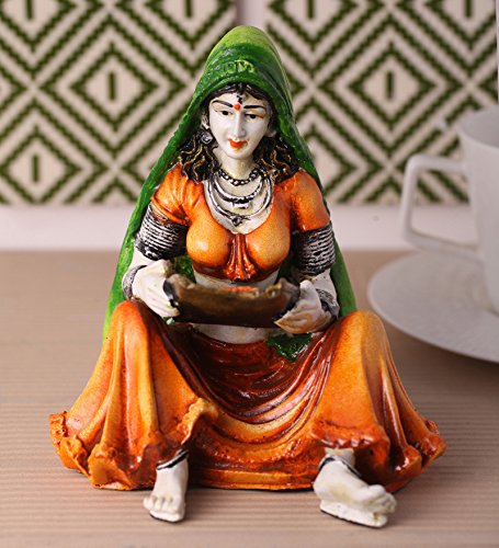 Rajasthani Lady Showpiece Polyresin Statue (12.5 cm x 10 cm x 15 cm, Green and Orange)