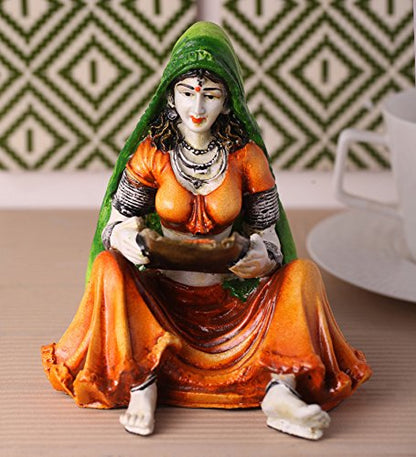 Rajasthani Lady Showpiece Polyresin Statue (12.5 cm x 10 cm x 15 cm, Green and Orange)