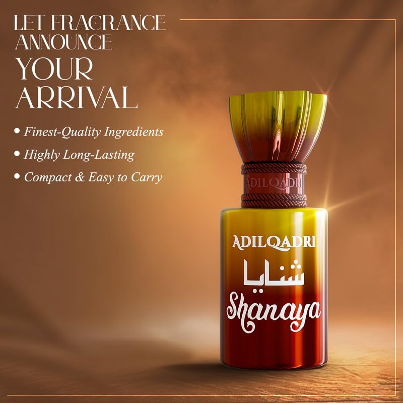 Adil Qadri Shanaya perfume bottle with promotional text on a warm brown background