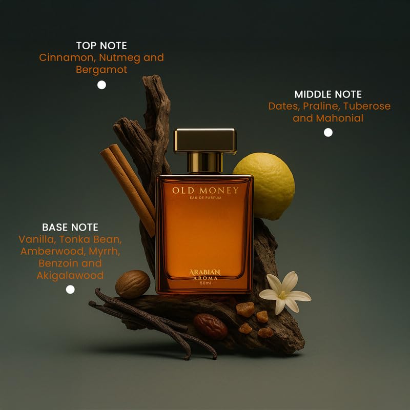 Perfume bottle labeled 'Old Money' by Arabian Aroma with botanical elements on a dark background