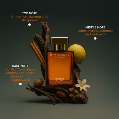 Perfume bottle labeled 'Old Money' by Arabian Aroma with botanical elements on a dark background