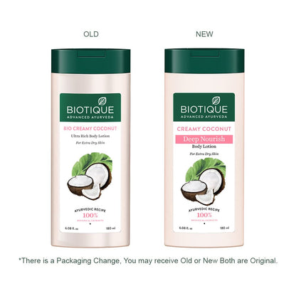 Biotique Creamy Coconut Deep Nourish Body lotion For Extra Dry Skin | Heals, Repairs, and Soothes the Skin | Moisturizing and Skin-Humidifying | 100% Botanical Extracts| All Skin Types | 180ml