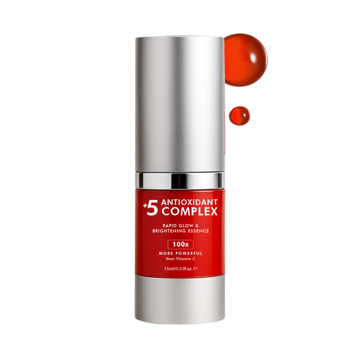 Skincare serum bottle with red label and silver cap on a white background