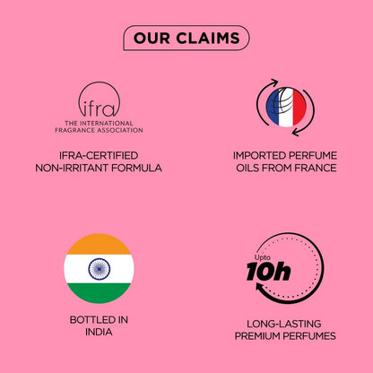 Pink background with logos and text about perfume claims, including IFRA certification and imported oils from France.