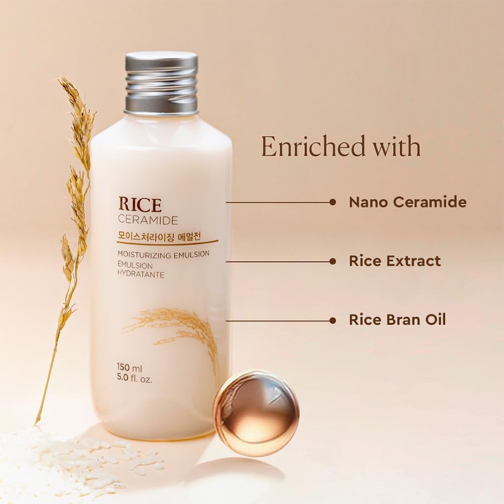 Skincare emulsion bottle enriched with rice ingredients on a beige background