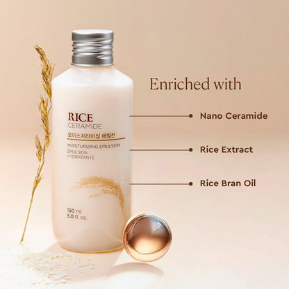 Skincare emulsion bottle enriched with rice ingredients on a beige background