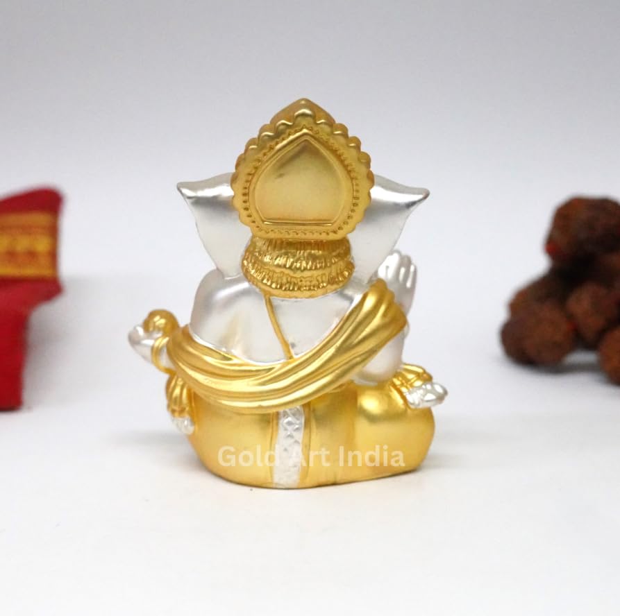 Gold Art India Gold and Silver Plated Matte Finish Ganesh Idol For Car Dashboard Ganesha Murti Ganpati Idol For Home Decor Puja Lord Ganesh Statue Gift For Office Desk Puja Room Figurine, 3 x 3 inches