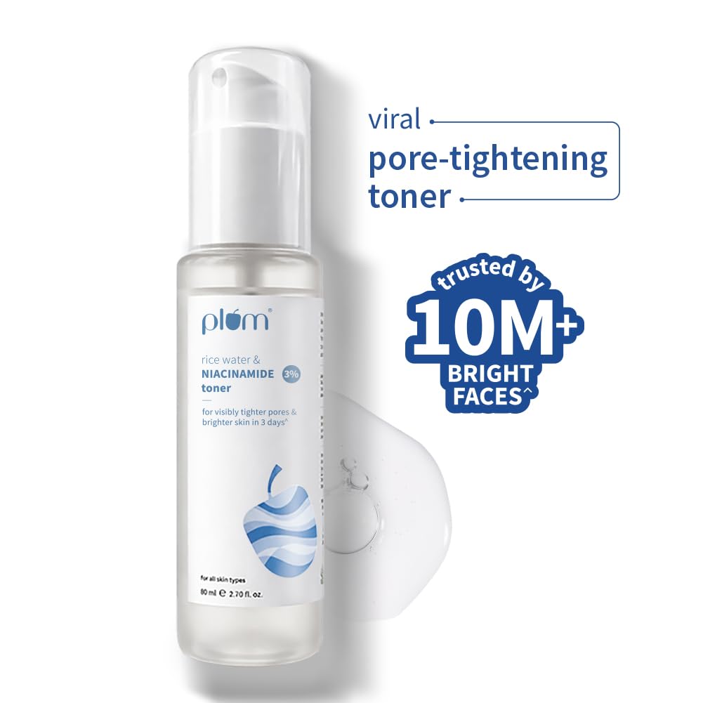 Plum 3% Niacinamide & Rice Water Face Toner | With Rice Ferment Extract | Alcohol-Free Toner | Tightens pores, Brightens Skin | Smoothens Skin | Fragrance-Free | 80 ml
