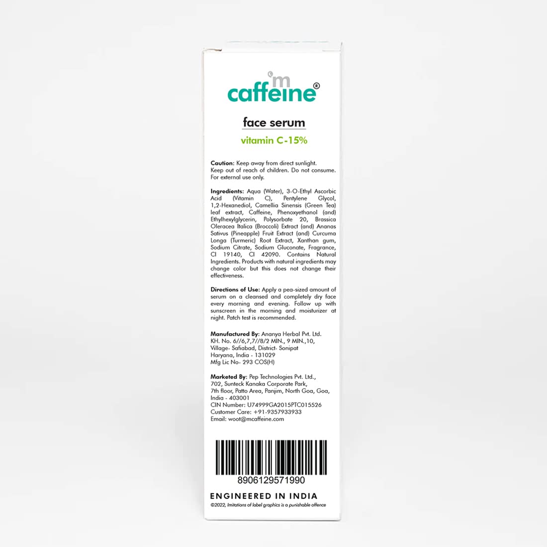 Caffeine face serum packaging with text and branding on a white background