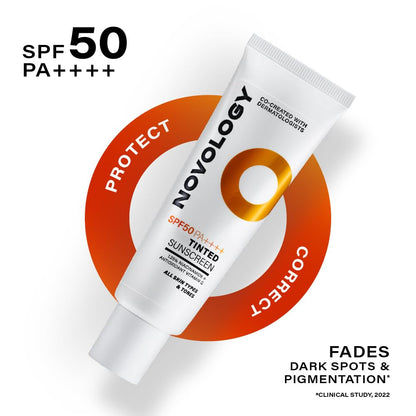 Novology sunscreen tube with SPF 50 and PA++++ on a white background