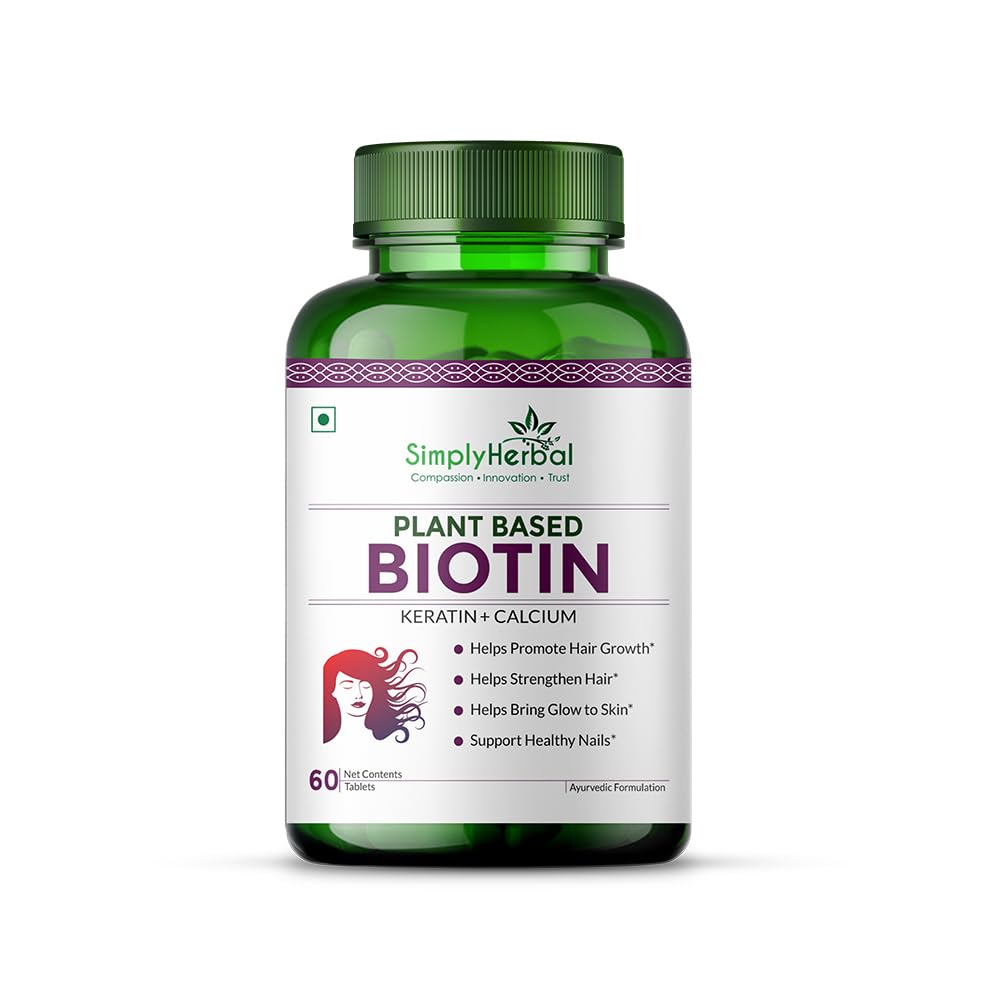 Green bottle of Simply Herbal Plant Based Biotin supplement on a white background