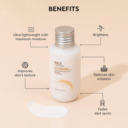 Skincare bottle with benefits listed on a beige background