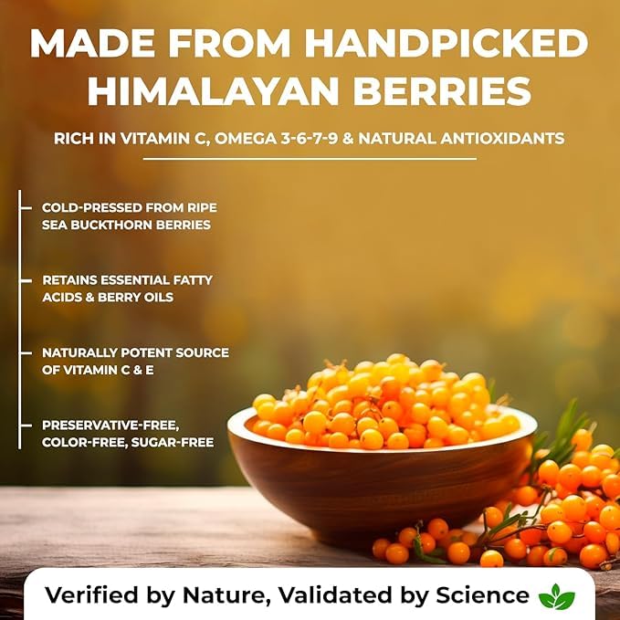 Bowl of berries with text about handpicked Himalayan berries and their health benefits.