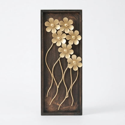 Premium Golden Floral Metal Wall Decor with Antique Brown Rectangular Frame | 3D Flower Wall Art Hanging for Living Room, Bedroom, Hallway & Home Decoration