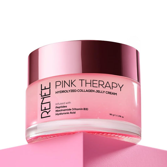 Pink therapy hydrolyzed collagen jelly cream jar on a pink background