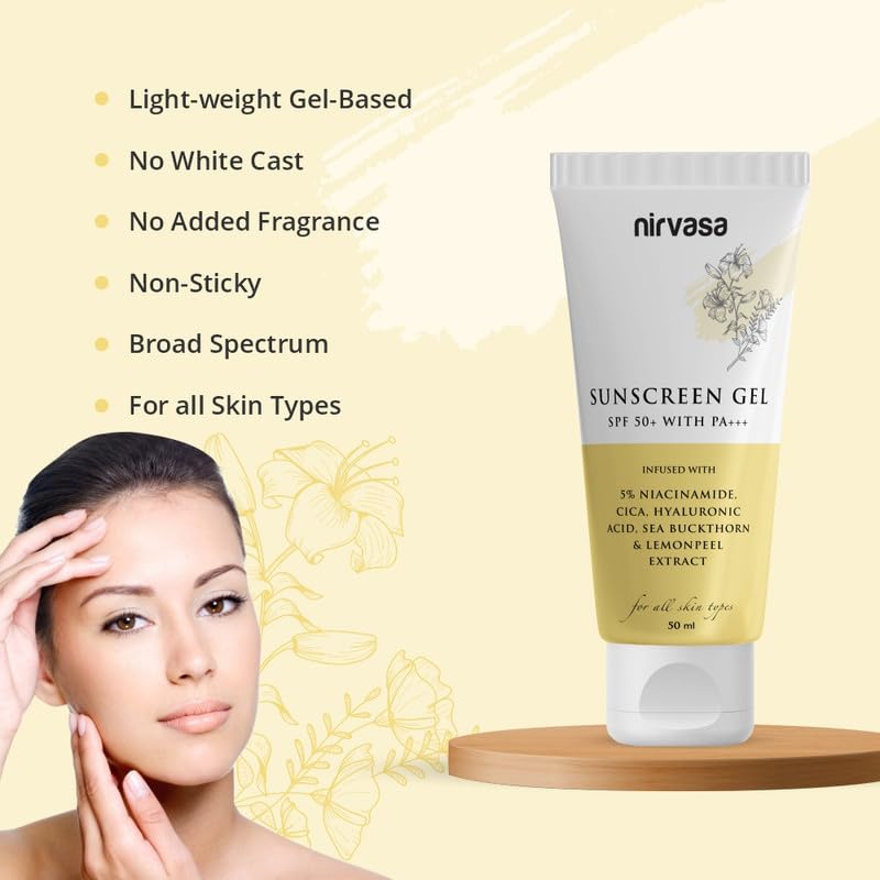 Nirvasa SPF50+ Sunscreen Gel (50ml) with 5% Niacinamide | Broad Spectrum UVA/UVB Protection, PA+++ | Lightweight, Non-Greasy, No White Cast | Hydrates, Brightens & Protects Skin | For All Skin