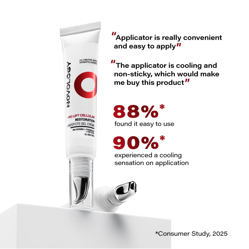 Cosmetic tube with applicator and positive user feedback on a white background