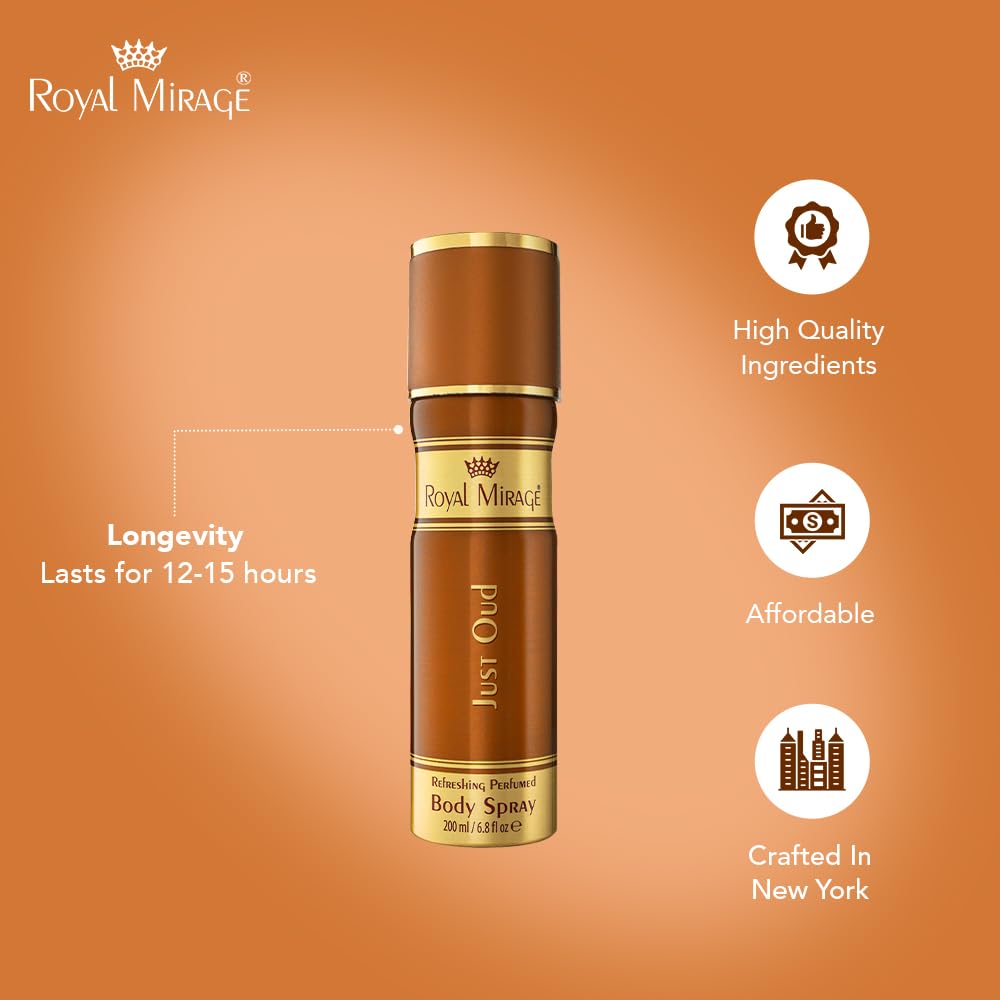 Royal Mirage Just Oud body spray on an orange background with brand icons and text.