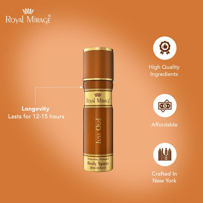 Royal Mirage Just Oud body spray on an orange background with brand icons and text.