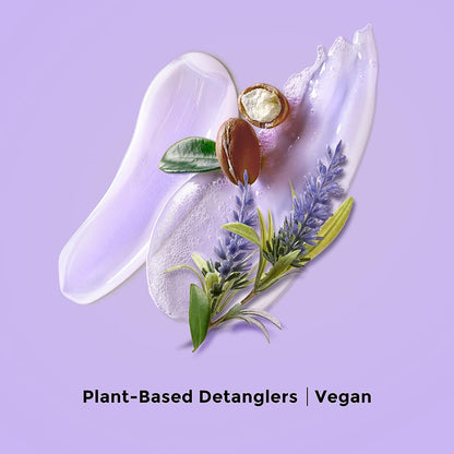 Plant-based detanglers with almonds and lavender on a purple background