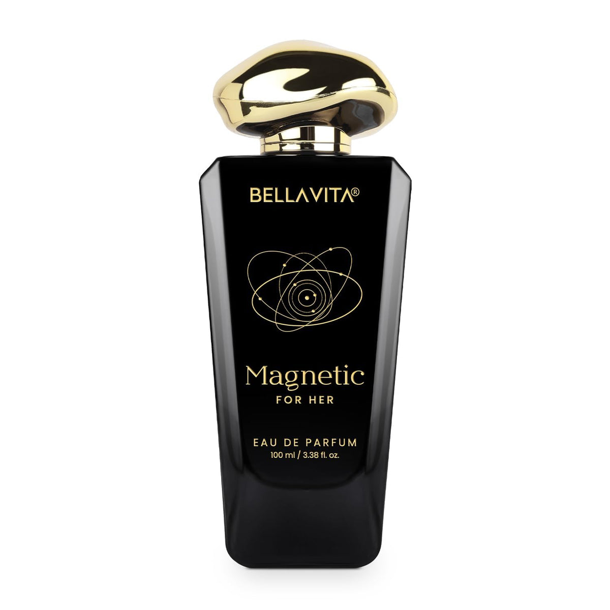 Black and gold Bellavita perfume bottle on a white background