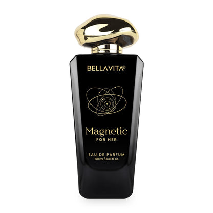 Black and gold Bellavita perfume bottle on a white background