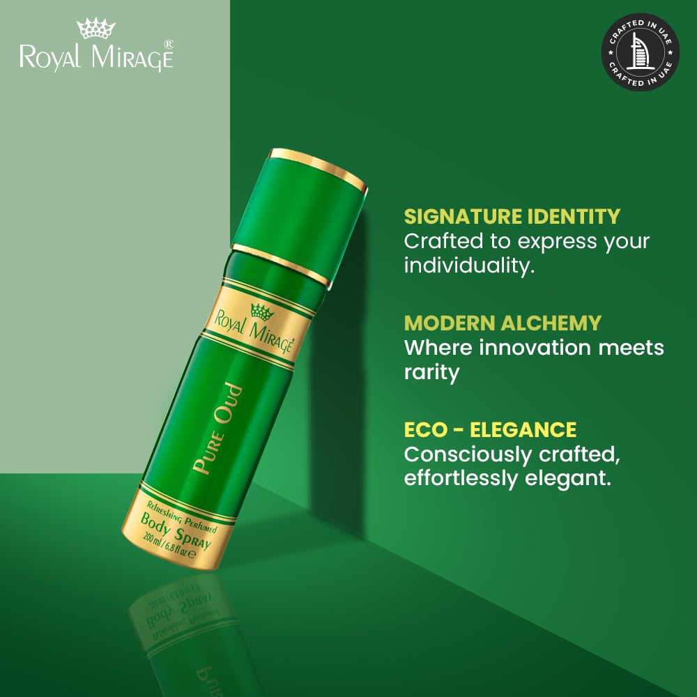 Green body spray bottle with gold accents on a green background, featuring Royal Mirage branding.
