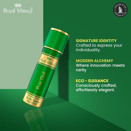 Green body spray bottle with gold accents on a green background, featuring Royal Mirage branding.