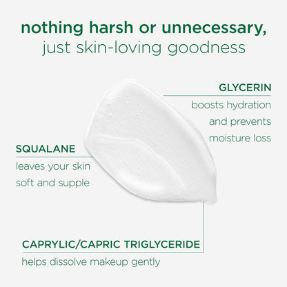 Product packaging with text about skin-loving goodness and ingredients on a white background