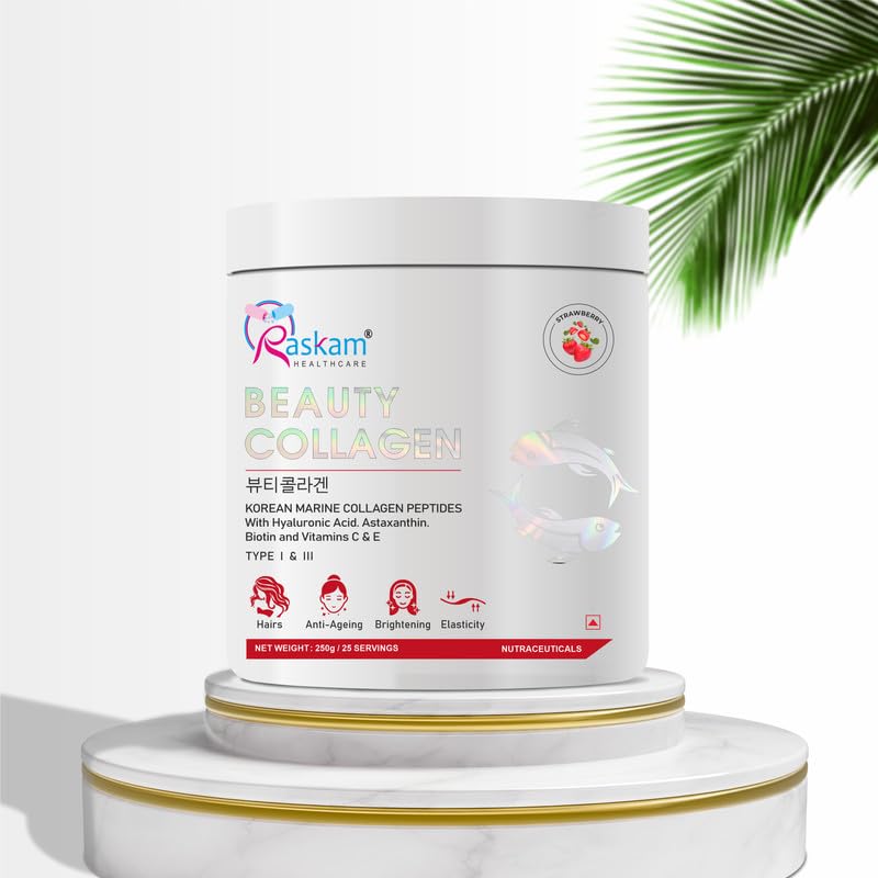 Beauty Collagen Powder, Korean Marine Collagen Peptides, 250g, 25 Servings, Vitamins C & E For Hairs, Anti-Ageing, Brightening, Elasticity (StrawBerry)