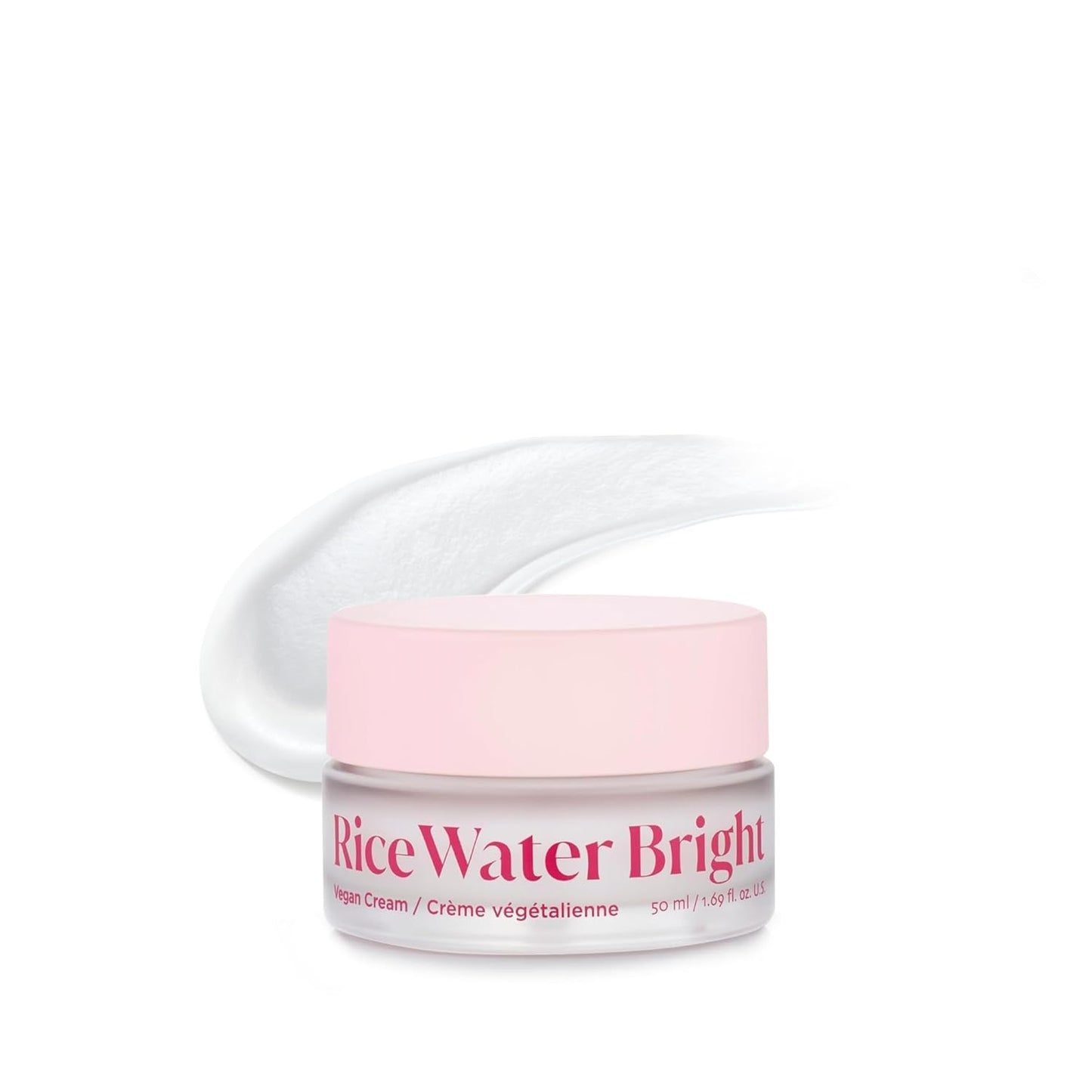 Jar of Rice Water Bright cream with pink lid on a white background