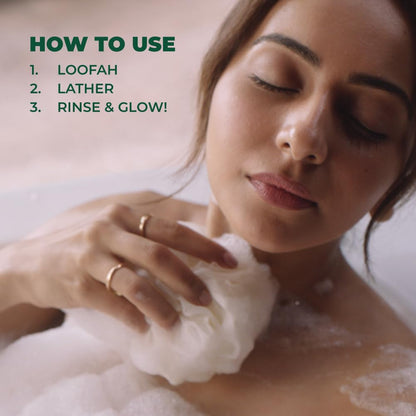 Woman using a loofah with text on how to use it
