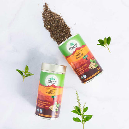 A TATA Product - Organic India Tulsi Ginger Tea - 100g, Rich in Antioxidants, Supports Digestion, Stress Relieving, Helps Boost Metabolism, Caffeine-Free, Whole Herbs