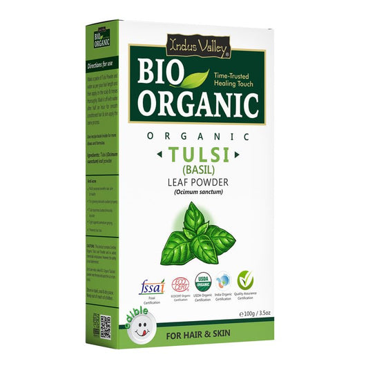 Box of Indus Valley Bio Organic Tulsi (Basil) Leaf Powder on a white background