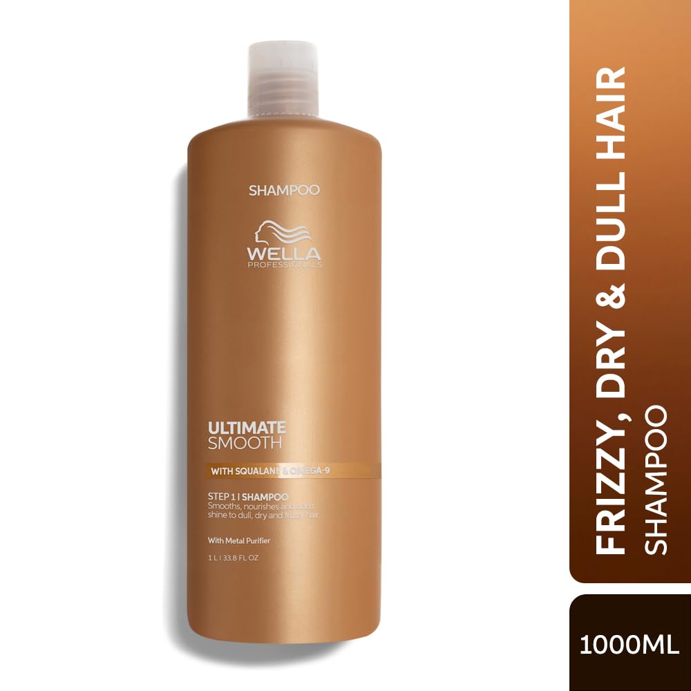 Wella shampoo bottle for frizzy, dry, and dull hair on a white background