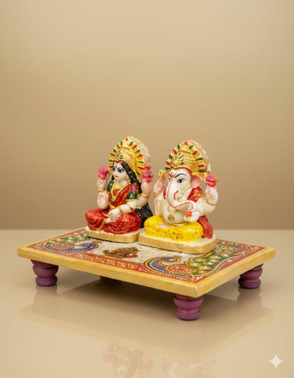 Handcrafted Marble Laxmi Ganesh Idol on Chowki - 6x4 Inch Meenakari Work Lakshmi Ganesha Statue for Diwali Puja, Mandir & Gifting