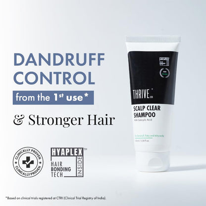 Thrive scalp clear shampoo bottle with dandruff control and stronger hair claims on a light gray background