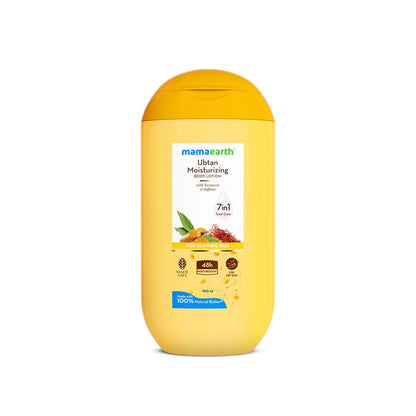 Mamaearth Ubtan Moisturizing Body Lotion with Turmeric & Saffron for Glowing Skin - 100 ml |48H Moisturization | Nourishes Dry Skin | 7in1 Total Care | 100% Natural Butter | Non-Greasy Smooth Skin