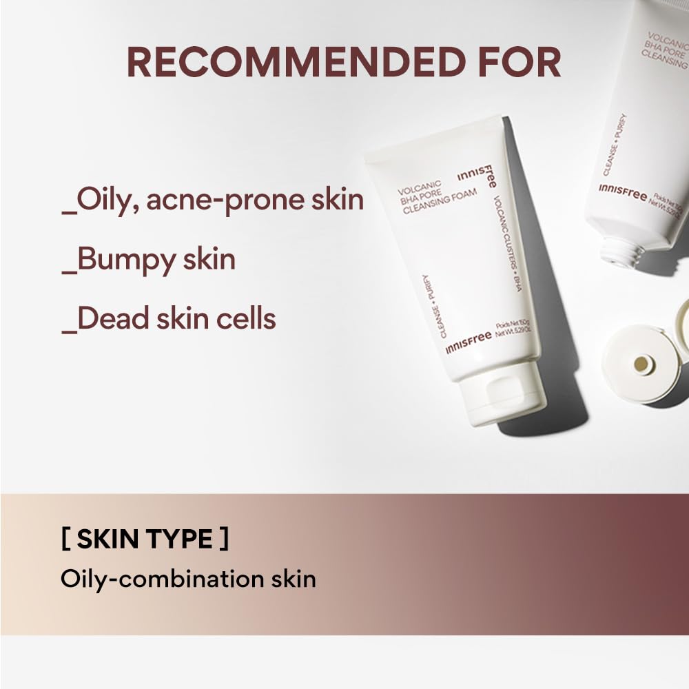 Skincare product with text indicating recommended skin types on a gradient background