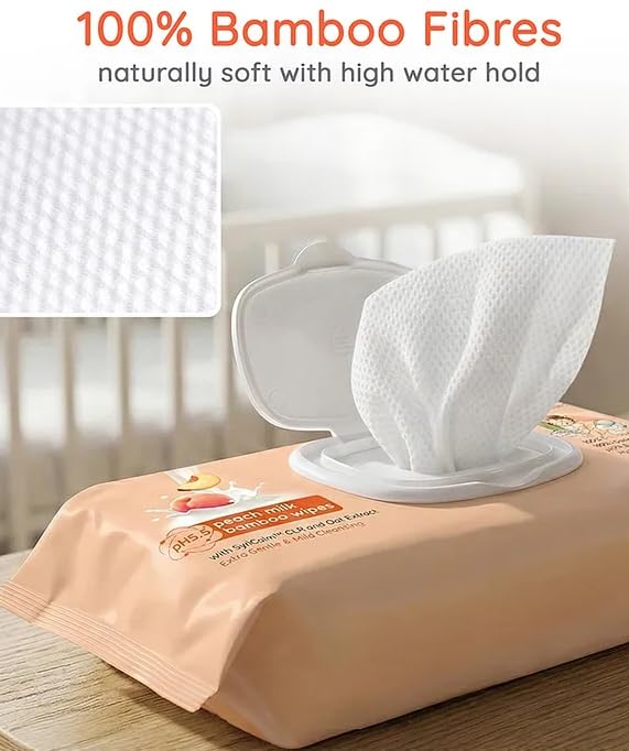 Babyhug Pro Sensitive pH 5.5 Peach Milk Bamboo Wipes - 72 Wipes