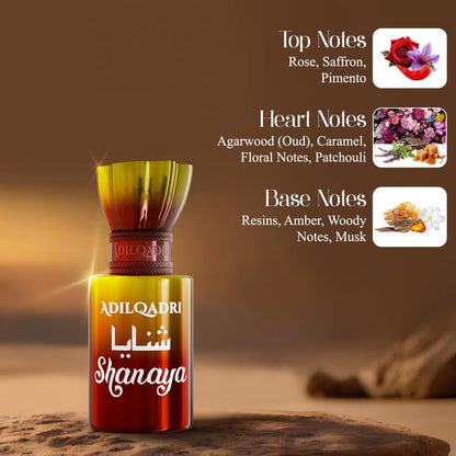 Adil Qadri Shanaya perfume bottle with notes description on a brown background