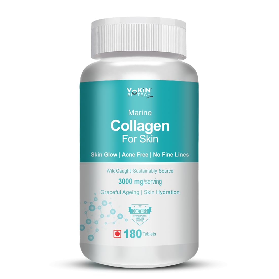 Marine Collagen supplement bottle with blue label on a white background