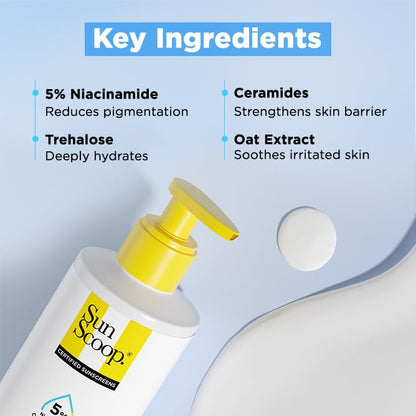 Sunscreen bottle with key ingredients listed on a light blue background