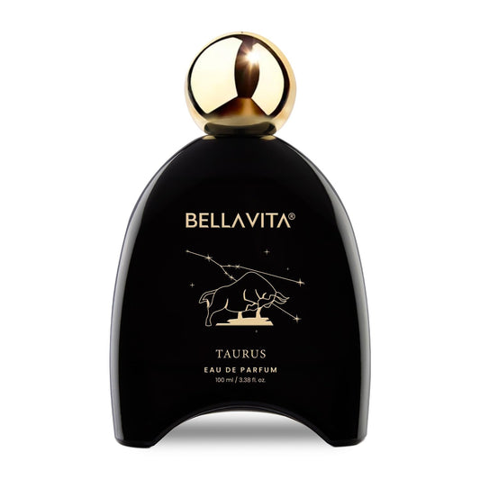 Black perfume bottle with gold cap labeled 'Bellavita Taurus' on a white background