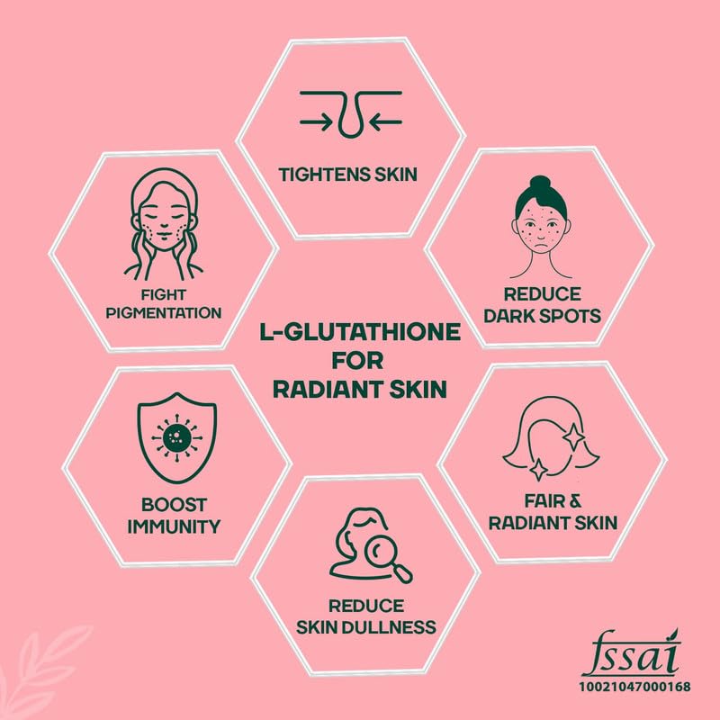 Infographic on the benefits of L-Glutathione for radiant skin on a pink background.