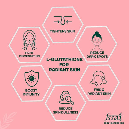 Infographic on the benefits of L-Glutathione for radiant skin on a pink background.