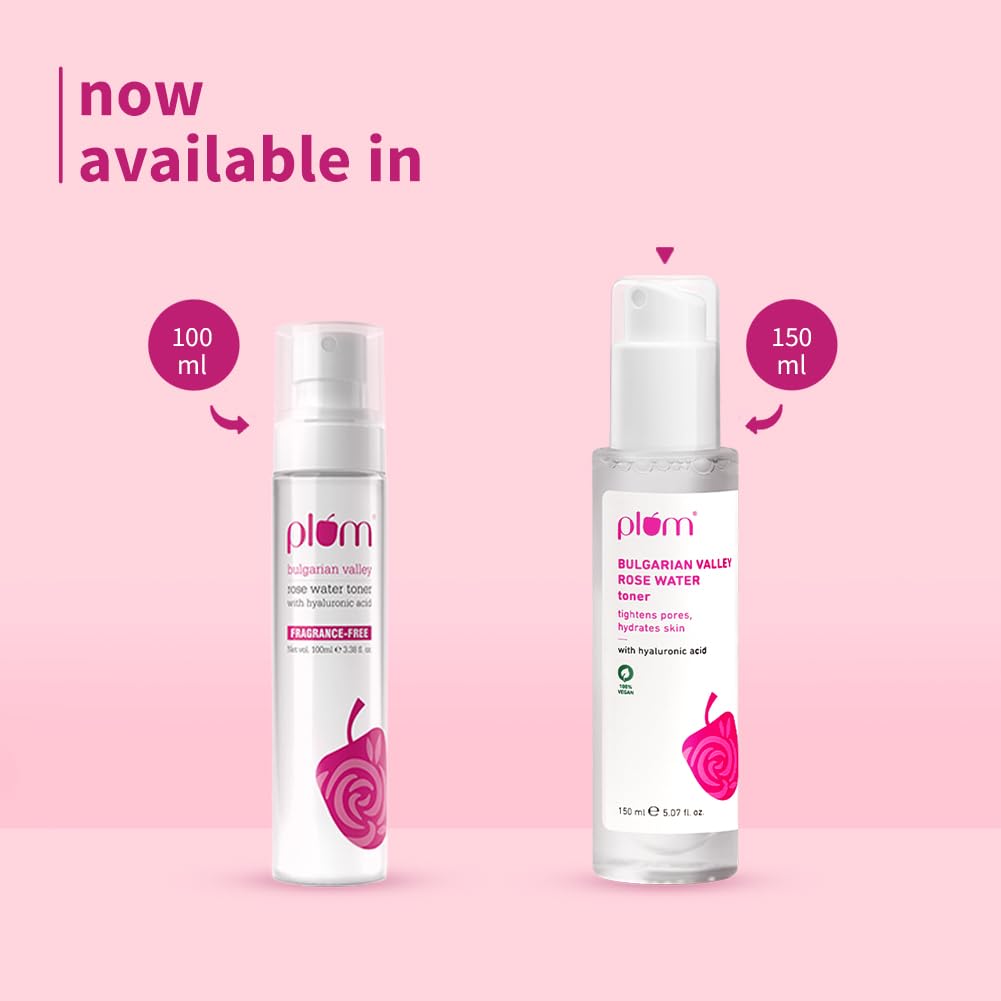 Plum Bulgarian Valley Rose Water Face Toner | for Oily Acne Prone Dry Combination Skin | with Hyaluronic Acid | Hydrating & Pores Tightening | Balances pH Levels | Alcohol-Free | Women & Men | 150ml