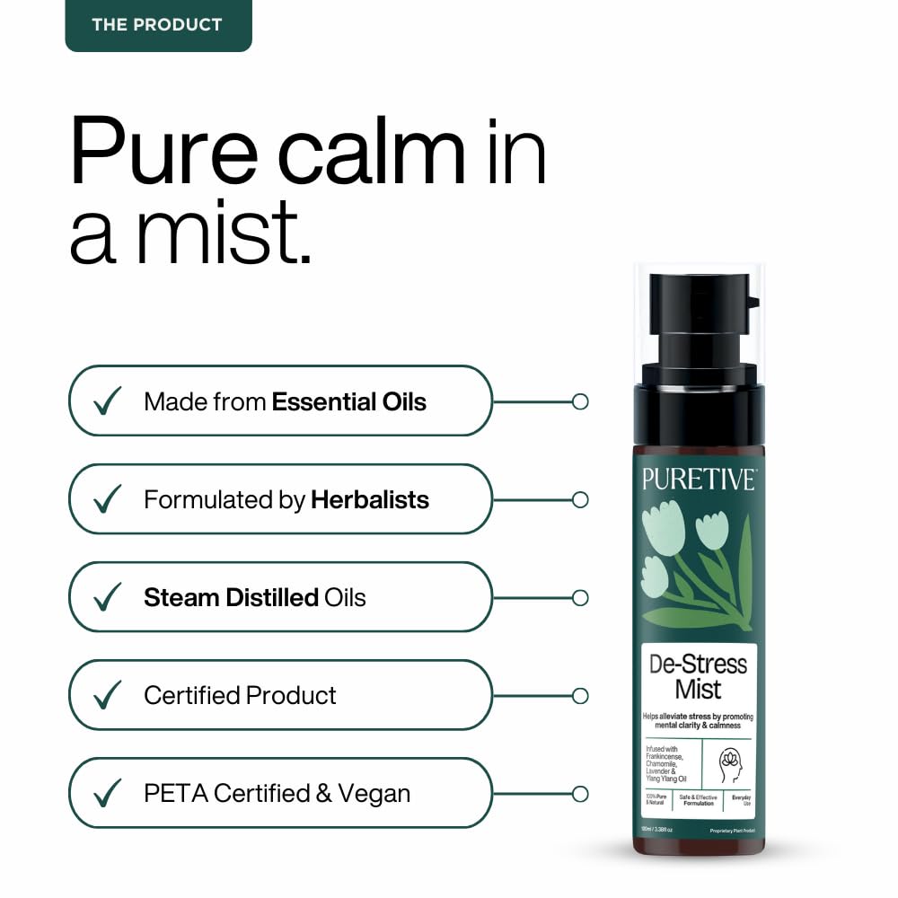 PURETIVE De-Stress Mist bottle with product features listed on a white background