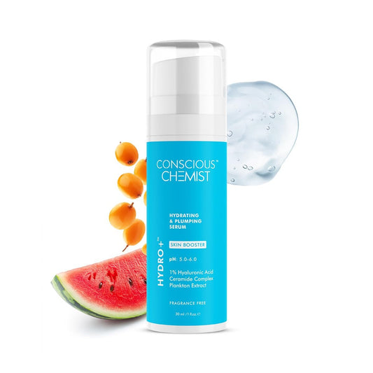 Skincare serum bottle with watermelon and apricot illustration on a white background